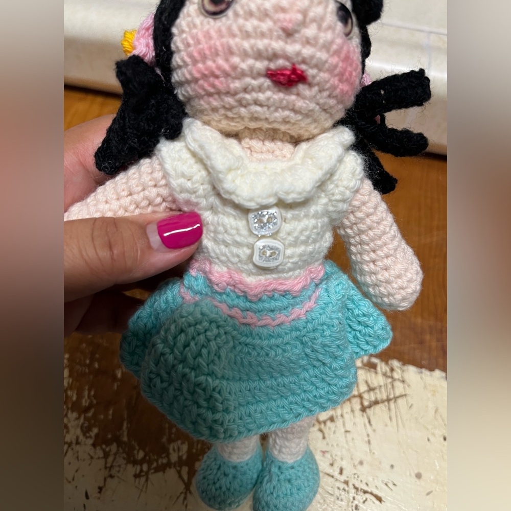 Handmade Crochet Doll with Blue Dress - Picture 5 of 6